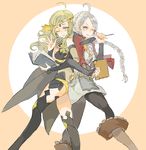  ;) ahoge back-to-back black_legwear blonde_hair book boots braid breasts cape center_opening circlet cleavage dress eponine_(fire_emblem_if) fire_emblem fire_emblem_if grey_hair hairband left-handed locked_arms long_hair medium_breasts multiple_girls one_eye_closed ophelia_(fire_emblem_if) short_dress shourou_kanna simple_background smile thighhighs twin_braids 