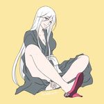  1girl bleach breasts cleavage female flat_color full_body genderswap high_heels long_hair simple_background smile solo ukitake_juushirou white_hair 