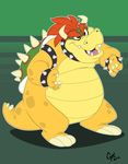  2016 3_toes 4_fingers abstract_background absurd_res anthro armlet bowser bracelet claws collar digital_media_(artwork) eligecos fangs front_view full-length_portrait green_scales hair hi_res horn jewelry koopa looking_at_viewer male mario_bros multicolored_scales nintendo nude open_mouth pink_tongue plantigrade portrait raised_eyebrow red_eyes red_hair scales scalie shell signature solo spiked_bracelet spikes standing tan_scales teeth toes tongue video_games yellow_scales 