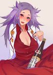  bad_id bad_pixiv_id blouse bottle breasts cleavage dek hakama head_tilt huge_breasts japanese_clothes jun'you_(kantai_collection) kantai_collection long_hair looking_at_viewer open_clothes open_shirt purple_eyes purple_hair sake_bottle shirt sitting solo spiked_hair 