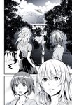  blouse bonkara_(sokuseki_maou) casual cityscape comic from_behind girls_und_panzer greyscale hat hat_removed headwear_removed highres itsumi_erika long_hair monochrome multiple_girls nishizumi_miho ocean open_mouth short_hair silent_comic skirt sky stairs sun_hat tree 