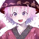  alternate_hair_color bad_id bad_pixiv_id blush bowl bowl_hat cherry_blossoms cpqm eyebrows_visible_through_hair face fang hat highres japanese_clothes looking_at_viewer open_mouth pink_hair portrait purple_eyes short_hair smile solo sukuna_shinmyoumaru touhou white_background 
