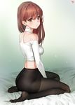  artist_name bare_shoulders bed_sheet black_legwear blush breasts brown_eyes closed_mouth crotch_seam earrings eyebrows eyebrows_visible_through_hair fine_fabric_emphasis full_body highres japanese_clothes jewelry long_hair long_sleeves looking_at_viewer looking_to_the_side no_panties pantyhose red_hair shirt shoulder_cutout small_breasts smile soles solo stud_earrings tsurime white_shirt yang-do 