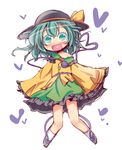  blush bow frills full_body green_eyes green_hair hat hat_bow heart heart_in_mouth heart_of_string komeiji_koishi long_sleeves muuba open_mouth pigeon-toed short_hair solo touhou white_background wide_sleeves 