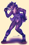  4_toes 5_fingers anthro blue_eyes blue_tongue canine digitigrade featureless_crotch fluffy fur lukiri male mammal mic midriff navel nude open_mouth purple_fur simple_background solo standing teeth toes tongue white_background wolf 