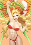  1girl ;d abs antlers arm_up armpits bare_shoulders bell_earrings bikini blonde_hair bow_bikini breasts clenched_hands collarbone contrapposto cowboy_shot earrings fate/grand_order fate_(series) feathers floating_hair fur-trimmed_bikini green_eyes hair_bobbles hair_intakes hair_ornament head_tilt headdress jewelry long_hair looking_at_viewer medium_breasts navel one_eye_closed open_mouth orange_background outstretched_arm quetzalcoatl_(fate/grand_order) quetzalcoatl_(samba_santa)_(fate) ranma_(kamenrideroz) red_bikini simple_background smile solo standing swimsuit thigh_gap toned 