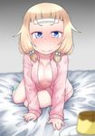  bed blonde_hair blue_eyes blush breasts cleavage commentary cooling_pad ekz_(drawfag) food hair_bobbles hair_ornament highres medium_breasts multicolored_hair_bobbles new_game! pudding sakura_nene socks solo trembling twintails 