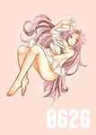  covering covering_breasts holding_shirt jun'you_(kantai_collection) kantai_collection long_hair nude pink_background purple_eyes purple_hair r_(shioaji) solo spiked_hair very_long_hair 
