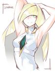  armpits arms_up bare_arms blonde_hair breasts character_name closed_mouth deel_(rkeg) dress empty_eyes hair_over_one_eye highres long_hair looking_at_viewer lusamine_(pokemon) medium_breasts pokemon pokemon_(game) pokemon_sm simple_background sketch sleeveless smile solo upper_body 