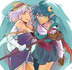  bad_id bad_pixiv_id blue_hair blue_skirt breasts cape celine_jules cowboy_shot fingerless_gloves gloves green_eyes hat medium_breasts multiple_girls pointy_ears purple_hair purple_skirt red_cape red_eyes rena_lanford serious short_hair skirt smile star_ocean star_ocean_the_second_story wand yakan_(madoromio) 