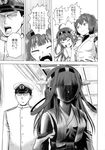  admiral_(kantai_collection) ahoge bare_shoulders bomber_grape comic detached_sleeves double_bun doujinshi greyscale hairband hat headgear highres ise_(kantai_collection) kantai_collection kongou_(kantai_collection) laughing military military_uniform monochrome naval_uniform non-web_source nontraditional_miko peaked_cap ribbon-trimmed_sleeves ribbon_trim scan shaded_face sweatdrop translated undershirt uniform 