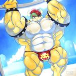  2016 abs anthro armlet arms_above_head beach biceps blue_sky bowser bracelet bulge clothed clothing cloud danandnite day detailed_background digital_media_(artwork) dutch_angle exercise front_view green_scales grin hair horn hyper hyper_muscles jewelry koopa looking_at_viewer male mario_bros multicolored_scales muscular muscular_male nintendo nipples outside pecs quads red_eyes red_hair scales scalie sea seaside signature sky solo spiked_bracelet spikes teeth thong topless video_games water white_scales workout yellow_scales 