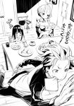  eating family food food_in_mouth fukushima_masayasu greyscale highres maid monochrome mouth_hold natsuki_rigel natsuki_spica natsuki_subaru re:zero_kara_hajimeru_isekai_seikatsu rem_(re:zero) short_hair toast toast_in_mouth translated 