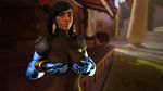  1girl 3d black_hair bodystocking bodysuit breasts cleavage erect_nipples looking_at_viewer naughty_face open_mouth overwatch pharah_(overwatch) short_hair tan_skin tanned tattoo 