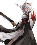  animal_ears cloudy.r derivative_work detached_sleeves hat inubashiri_momiji japanese_clothes kourindou_tengu_costume leaf maple_leaf obi pom_pom_(clothes) red_eyes render sash shield short_hair silver_hair solo sword tokin_hat touhou transparent_background weapon wolf_ears 