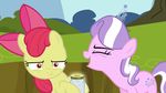  2015 amber_eyes anitech apple_bloom_(mlp) crown cutie_mark diamond_tiara_(mlp) duo earth_pony equine female feral friendship_is_magic frown fur grass hair hair_bow hair_ribbon hi_res horse landscape looking_at_viewer mammal multicolored_hair my_little_pony outside pink_fur pony red_hair ribbons sky tiara tree two_tone_hair yellow_fur 