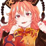  blush breasts chinese_clothes cpqm eyebrows_visible_through_hair face fang hat highres junko_(touhou) large_breasts long_hair open_mouth orange_hair portrait red_eyes simple_background smile solo tabard touhou white_background 