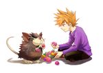  alolan_form alolan_raticate berries black_pants brown_hair feeding food fruit highres holding holding_food holding_fruit jewelry necklace ookido_green pants pokemon pokemon_(creature) pokemon_(game) pokemon_rgby pokemon_sm raticate sei_jun smile sweater 