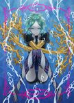  androgynous bangs black_neckwear character_name colorbone full_body gem_uniform_(houseki_no_kuni) golden_arms green_eyes green_hair highres houseki_no_kuni looking_at_viewer necktie phosphophyllite short_hair smile solo spoilers underwater 