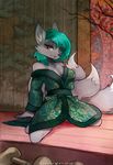  2016 anthro breasts canine cleavage clothed clothing female fox green_hair hair japanese_clothing kimono looking_at_viewer mammal smile solo zero-sum 