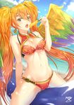  bikini bird_wings breasts cleavage cloud covered_nipples day food green_eyes highres leilan_(p&amp;d) long_hair medium_breasts navel open_mouth orange_hair outdoors popsicle puzzle_&amp;_dragons solo spilling swimsuit tongue tongue_out twintails wings yuzutosen 