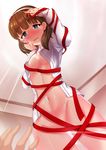  blue_eyes blurry blush breasts brown_hair cleavage depth_of_field from_below groin hairband hands idolmaster idolmaster_cinderella_girls jewelry looking_at_viewer looking_down medium_breasts momoda_yasuhito navel no_panties open_clothes open_mouth pov red_ribbon ribbon ring sakuma_mayu short_hair smile solo_focus underboob wedding_band 