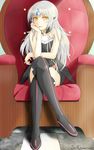  2016 absurdres bare_shoulders black_footwear black_legwear boots chin_rest code:_nemesis_(elsword) crossed_legs dated dress elsword eve_(elsword) facial_mark forehead_jewel highres long_hair looking_at_viewer parted_lips sa_(sam-ya) sitting solo thigh_boots thighhighs throne white_hair yellow_eyes 