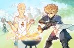  2boys apron bald black_sclera blonde_hair cityscape clothes_writing cloud collarbone commentary cyborg day dutch_angle earrings english_commentary fire food genos green_hair grill grilling jewelry multiple_boys mundane_utility one-punch_man outdoors rtil saitama_(one-punch_man) short_hair side_slit steak stud_earrings sweatdrop tatsumaki yellow_eyes you're_doing_it_wrong 