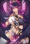  angel_wings ass_visible_through_thighs bad_id bad_pixiv_id bangs bare_shoulders black_nails black_wings bracelet breast_hold breast_lift breasts commentary_request covered_nipples darklord_ixchel duel_monster earrings fallen_angel finger_to_mouth halo head_wings highres jewelry krab large_breasts lifted_by_self long_hair looking_at_viewer multiple_wings nail_polish navel parted_lips pointy_ears purple_hair red_eyes solo stomach swept_bangs thighhighs torn_clothes torn_legwear white_legwear wings yuu-gi-ou 