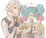  1girl armor blue_hair bow cookie eighth_note fire_emblem fire_emblem_if food gloves hair_between_eyes hair_bow hair_over_one_eye happy male_my_unit_(fire_emblem_if) multicolored_hair musical_note my_unit_(fire_emblem_if) open_mouth pieri_(fire_emblem_if) pink_hair plate pointy_ears red_eyes short_hair shourou_kanna smile twintails two-tone_hair veil 