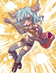  animal_ears beamed_sixteenth_notes black_legwear dog_ears eighth_note emphasis_lines green_eyes green_hair guitar instrument kasodani_kyouko musical_note musical_note_in_mouth muuba navel open_mouth punk raised_eyebrow short_hair solo spikes sunglasses thighhighs touhou 