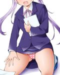  :d commentary_request dr_rex head_out_of_frame kneeling long_hair new_game! open_mouth panties pantyshot pantyshot_(kneeling) pink_panties polka_dot polka_dot_panties purple_hair school_uniform smile solo suzukaze_aoba sweat twintails underwear 