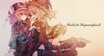  bad_id bad_twitter_id blonde_hair boots capelet copyright_name eyepatch hat kashima_(ksm_19_) leriana_(majoca_majoluna) looking_at_another majoca_majoluna multiple_girls pink_eyes pink_hair shiny shiny_hair siblings sisters sitting striped striped_legwear thighhighs traumerei_(majoca_majoluna) typo witch_hat yellow_eyes zettai_ryouiki 