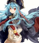  blue_eyes buttons c._verges cape floating_hair hat highres last_period long_hair looking_at_viewer nekojita_(ika_neko46) pirate pirate_hat red_eyes simple_background solo standing white_background 
