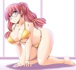  all_fours barefoot bikini breasts covered_nipples glasses large_breasts log-mi_(tonpuu) long_hair original parted_lips pink_hair purple_eyes solo swimsuit tonpuu twintails yellow_bikini 