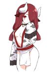  animal_ears animal_print bell bell_choker blush breasts choker cow_ears cow_horns cow_print done_(donezumi) gozu_(takuan_to_batsu_no_nichijou_enmachou) hair_over_one_eye horns long_hair looking_at_viewer medium_breasts navel protected_link red_eyes red_hair simple_background sleeves_past_wrists solo takuan_to_batsu_no_nichijou_enmachou white_background 