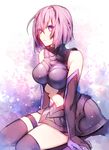  adapted_costume arm armor armored_dress bare_shoulders black_gloves black_legwear breasts commentary_request elbow_gloves eyes_visible_through_hair fate/grand_order fate_(series) gloves hair_over_one_eye hanakeda_(hanada_shiwo) large_breasts mash_kyrielight purple_eyes purple_hair short_hair sitting solo thighhighs thighs 