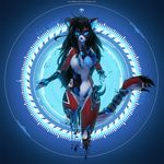  2016 amputee android anthro ara black_fur black_hair blue_eyes blue_theme breasts broken butt_from_front feline female fluff-kevlar front_view fur glowing glowing_eyes hair long_hair machine mammal nude pawpads portrait red_body red_fur robot solo thigh_gap three-quarter_portrait white_belly white_countershading white_fur wide_hips 
