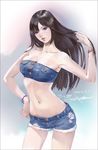  2016 amatiz armpits bare_shoulders black_hair blue_eyes bracelet breasts cleavage collarbone dated denim denim_shorts hand_in_hair hand_on_hip huge_breasts jewelry long_hair looking_at_viewer midriff navel original shorts sleeveless solo standing torn_clothes torn_shorts 