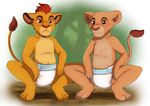  anthro blush brown_eyes brown_hair crouching cub diaper dirt disney duo feline female fur hair kiara kion launny lion male mammal navel nipples paws tan_fur the_lion_king tree yellow_fur young 