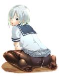  ass between_legs blouse blue_eyes brown_legwear crotch_seam cum cum_on_clothes feet from_behind full_body grey_skirt hair_between_eyes hair_ornament hair_over_one_eye hairclip hamakaze_(kantai_collection) hand_between_legs kantai_collection leaning_forward looking_at_viewer looking_back minakuchi_takashi no_shoes on_ground panties panties_under_pantyhose pantyhose parted_lips pink_panties pleated_skirt polka_dot polka_dot_panties red_lips sailor_collar school_uniform see-through serafuku shiny shiny_clothes short_hair short_sleeves silver_hair simple_background sitting skirt skirt_lift skirt_up sleeve_cuffs smile soles solo thighband_pantyhose toes underwear wariza white_background white_blouse 