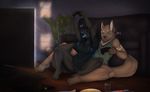  anthro armpits bottomless canine clothed clothing dafka duo english_text female inside male mammal open_mouth pussy sitting smile spread_legs spreading text video_games 