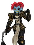  1girl armor eyepatch female grin looking_at_viewer red_eyes red_hair short_hair simple_background smile solo tagme undertale undyne upper_body walking weapon white_background zana 