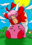  alien big_breasts blue_eyes blush breasts clothed clothing digital_media_(artwork) duo female hair huge_breasts human jyto kirby kirby_(series) mammal nintendo not_furry open_mouth ribbon(kirby) simple_background smile text video_games waddling_head 