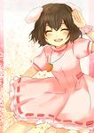  animal_ears blush brown_hair bunny_ears carrot_necklace closed_eyes dress inaba_tewi kataro open_mouth pink_dress round_teeth short_hair smile solo star teeth touhou 