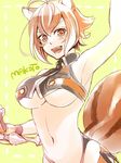  :d animal_ears antenna_hair armpits bare_shoulders blazblue blush breasts brown_eyes brown_hair cowboy_shot crop_top fingerless_gloves gloves highleg highleg_panties large_breasts makoto_nanaya microskirt midriff multicolored_hair navel open_mouth panties potato_(oriha94) revealing_clothes short_hair side_slit skirt smile solo squirrel_ears squirrel_tail tail tonfa two-tone_hair underboob underwear weapon 