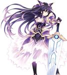  armor armored_dress choker date_a_live dress gloves hair_between_eyes highres long_hair looking_at_viewer pauldrons ponytail purple_eyes purple_hair serious simple_background solo standing sword tsunako very_long_hair weapon white_background yatogami_tooka 