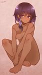  barefoot black_hair breasts collarbone dark_skin feet full_body hair_ribbon highres looking_at_viewer nude open_mouth original purple_eyes red_disappointment ribbon short_hair sitting small_breasts solo tress_ribbon twitter_username 