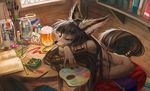  alcohol anokorok art_studio beer beverage black_hair book canine cigarette color_swatch fox fur green_eyes grey_fur hair half-closed_eyes mammal paint solo 