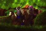  anthro barn bear canine dafka duo equine female feral forest horse male mammal open_mouth outside smile tree 